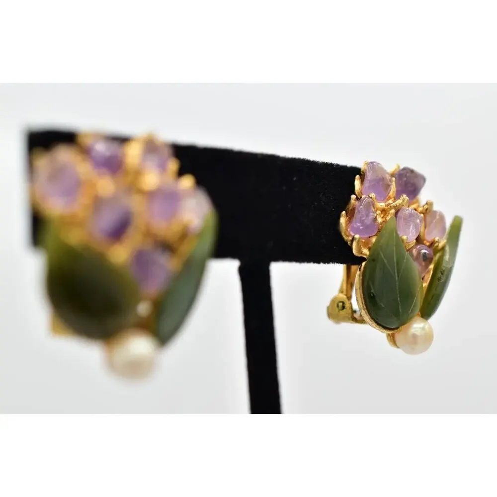 Swoboda Vintage Clip On Earrings Pearl Amethyst Jade Semi-Precious Signed 60s 9L